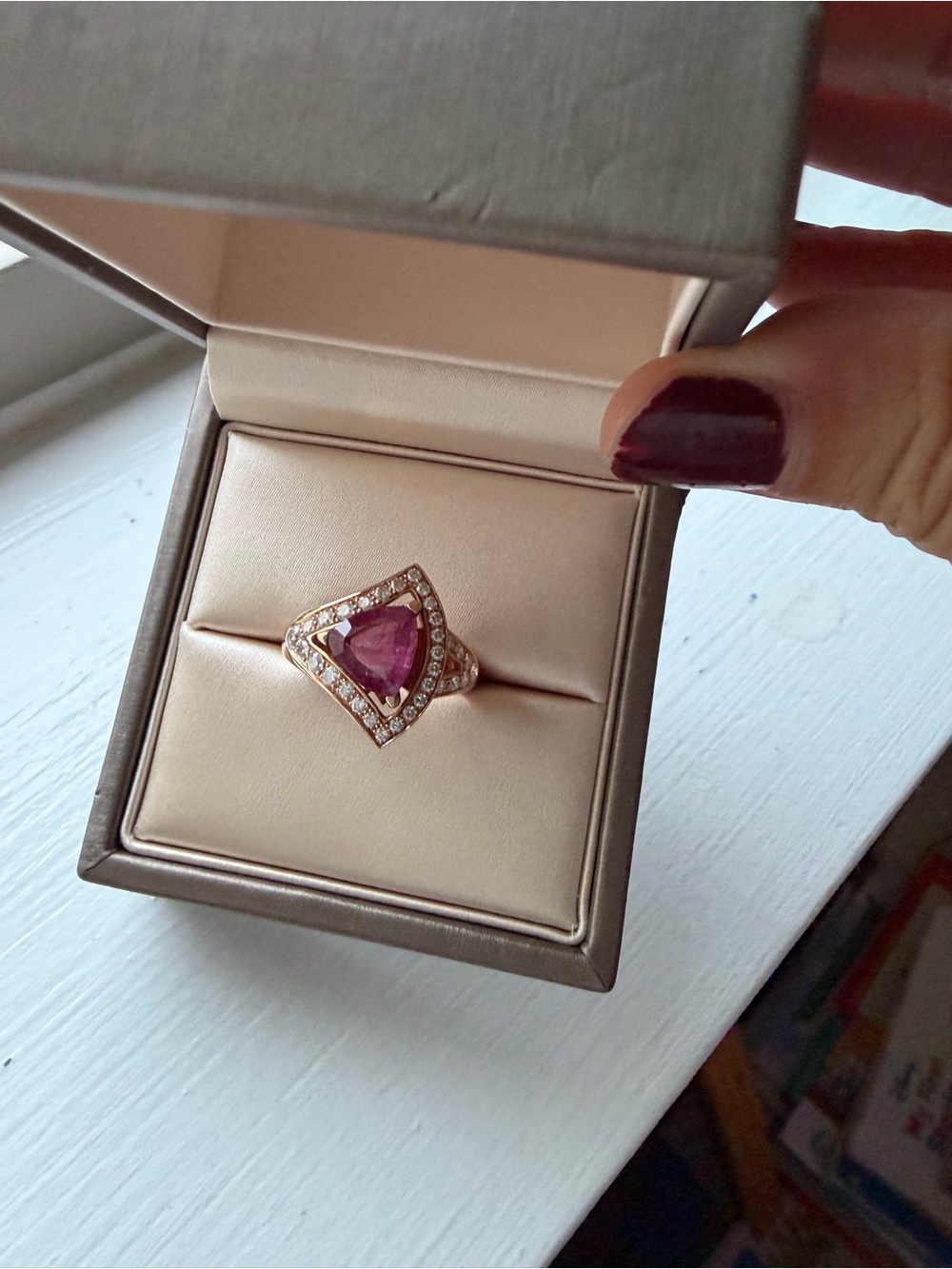 Authentic BVLGARI 18K Gold Pink Tourmaline & Diamond Ring